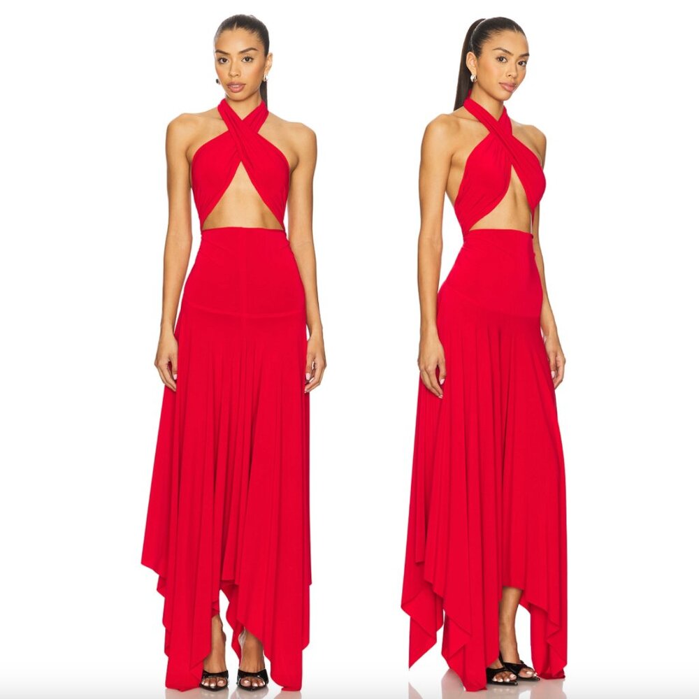 NEW Norma Kamali Convertible Midcalf Dress in Tiger Red Halter Maxi Midi Gown XS